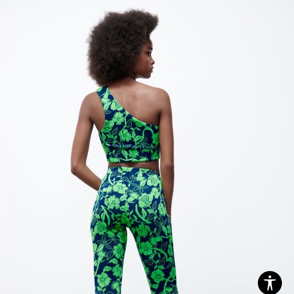 ZARA Jacquard top with asymmetric neckline and strap Blue Green Crop Top Large - Picture 7 of 15